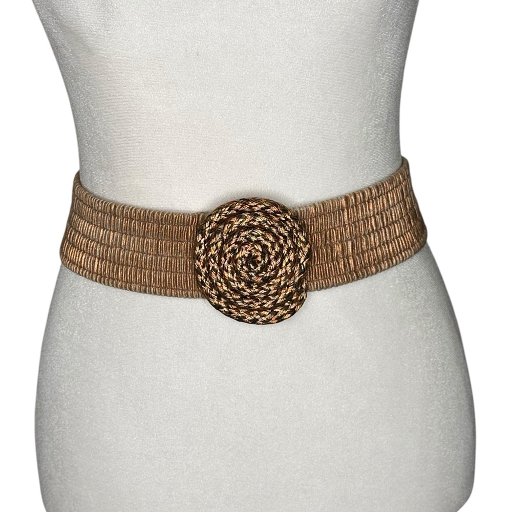 Vintage 80s gold tone elastic belt with woven braided distinct round buckle